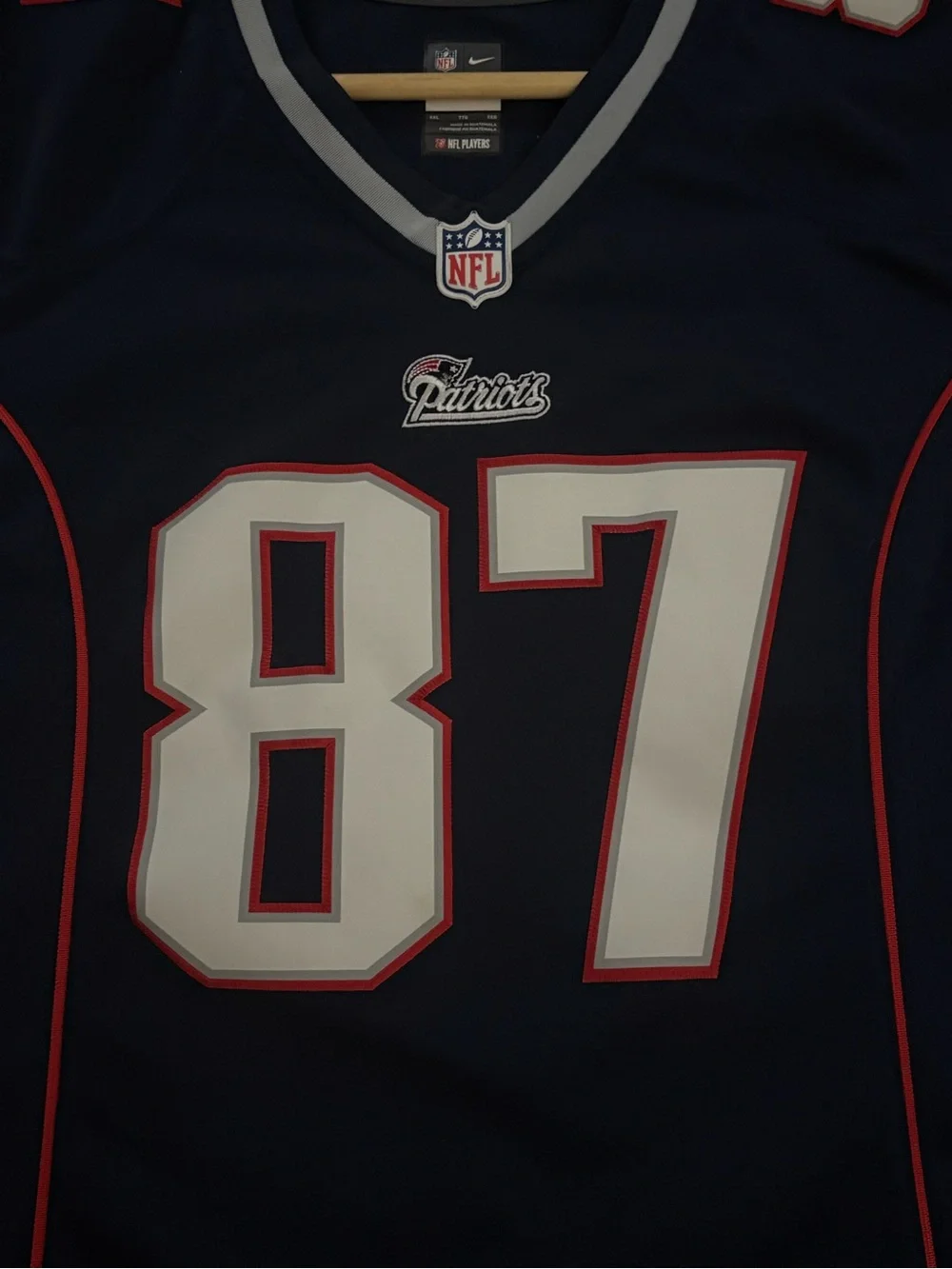 Nike Navy, White and Red Patriots #87 Football Jersey